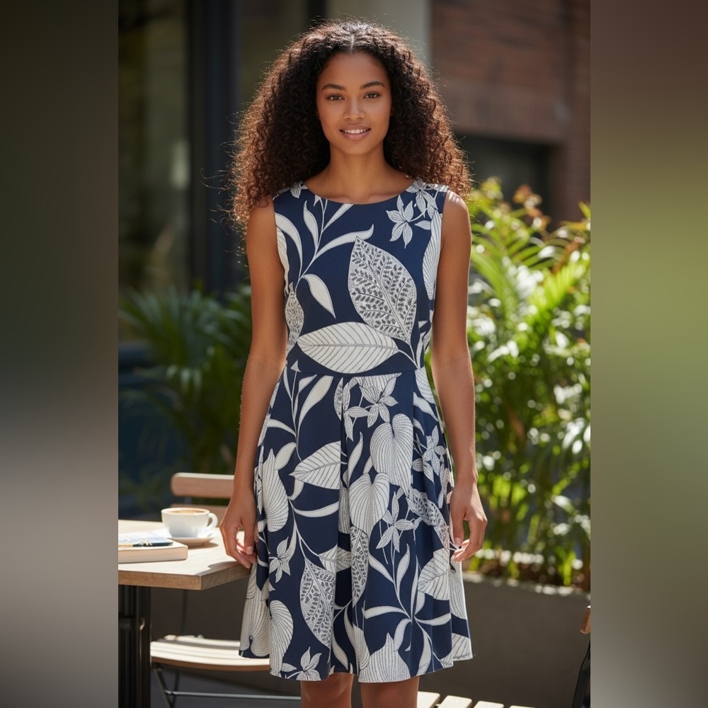 Just Taylor Navy White Botanical Print Fit & Flare Dress Size 8 Sleeveless